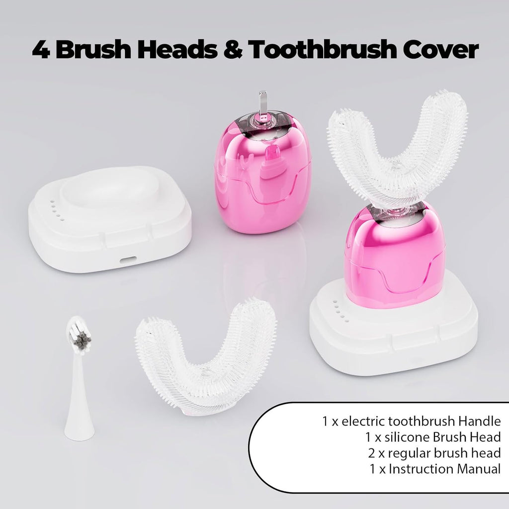 Electric U Shaped Toothbrush Adults with Nylon Brush Head,360 Degree Whole Mouth Cleaning, Rechargeable Electric Toothbrush,Teeth Whitening Brush for Home & Travel Use (Pink)