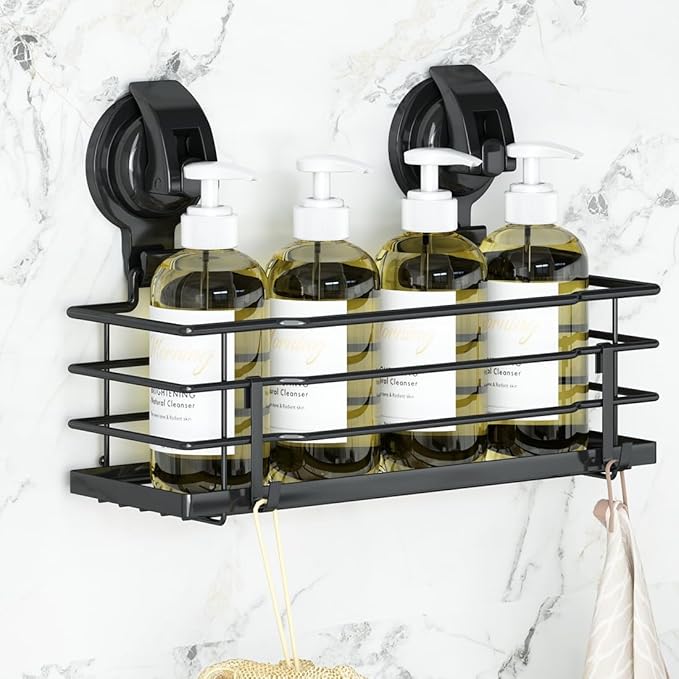 Suction Cup Shower Caddy, Shower Shelf Soap Dish with Hooks for Razor, Sponge, Rust Proof 304 Stainless Steel, Black