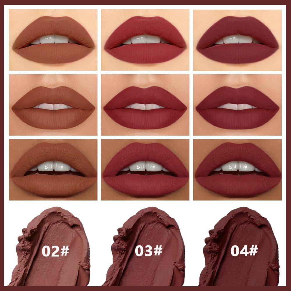 3 Pcs Brown Purple Red Matte Cream Lipstick,Velvet Waterproof Long Lasting Smudge Proof for Women Lip Stick,Magic Lipstick 24 Hours Original Lip Liner Makeup,labiales mate 24 horas originales,Vegan