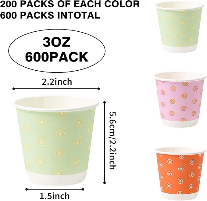 Tamone 600 Pack 3 oz Bathroom Cups Small Paper Cups, Disposable Mouthwash Cups with Dot, Pink, Green, Yellow, Disposable 3 oz Paper Cups for Party, Picnic, BBQ, Travel, Home