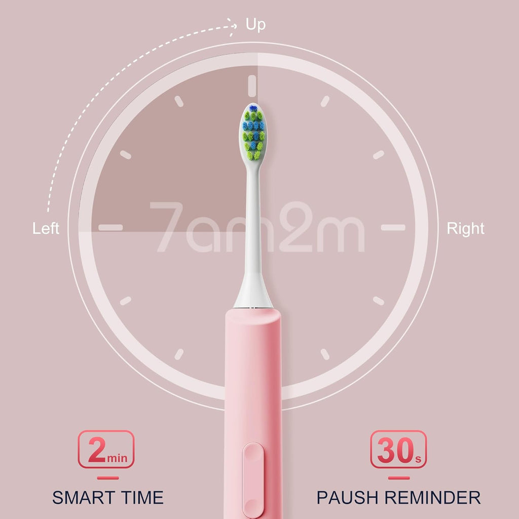 7AM2M Sonic Electric Toothbrush, High Power Rechargeable Toothbrushes, 5 Modes with 2 Minutes Built in Smart Timer, with 4 Brush Heads for Adults and Kids, One Charge for 60 Days (Pink)