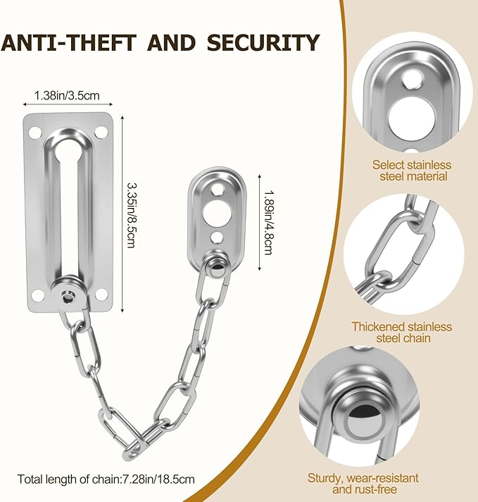 2 Pack Door Chain Lock, Heavy Duty Stainless Steel Locks for Inside Door, Durable and Rust-Proof, Child and Pet Safety Lock for Bedroom, Apartment, Hotel
