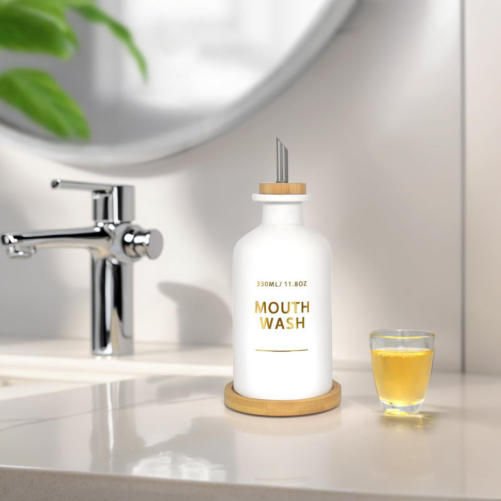 Mouthwash Dispenser for Bathroom 11.8oz – Glass Mouthwash Bottle with Cup & Bamboo Tray, Gold Hot-Stamped Lettering, Nordic Style Countertop Accessory, White Bathroom Accessories (White)