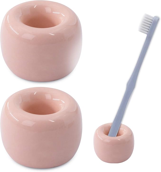 AirMoon Mini Ceramic Toothbrush Holder for Bathroom - Peach Small Countertop Organizer, Easy Clean Toothbrush Stand, Suit for Electric Toothbrush Head, Pens & Coffee Spoon, Pack of 2