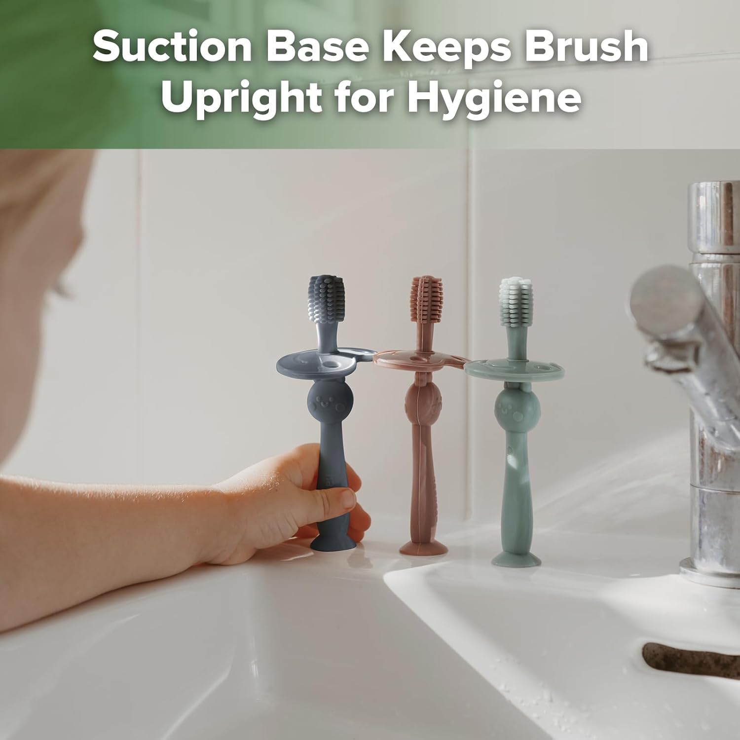 haakaa 360° Baby Toothbrush with Suction Base - Gentle Cleaning for Infant Self-Brushing Training, Food-Grade Silicone, Adjustable Safety Shield - Steel Blue (1 Piece)