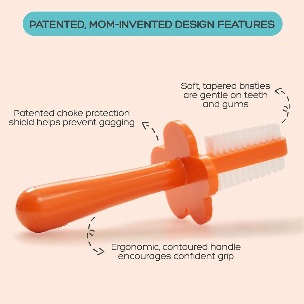 grabease Double-Sided Baby Toothbrush - Silicone Finger Brush for Toddler - Choke Protection Barrier for Babies 12 Months & Up - Dual-Sided Bristles Infant & Toddler Toothbrush - 2-Pack Navy/Orange