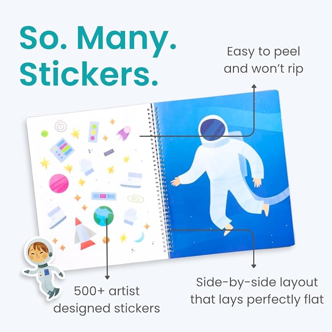 CUPKIN Outer Space Sticker Book for Kids 2-4, 500+ Kids Stickers 12 Coloring Pages, 12 Side by Side Scenes, Fun Toddler Travel Activity Coloring and Sticker Books for Ages 4-8 + 8-10