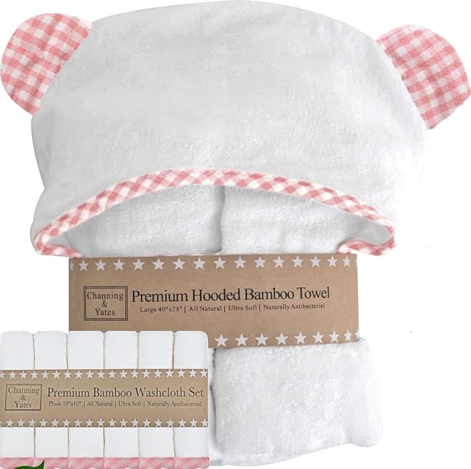 Channing & Yates Premium Boutique Hooded Baby Towels and Washcloth Set - Organic Viscose Made from Bamboo Baby Towel with Hood… (Pink Set)
