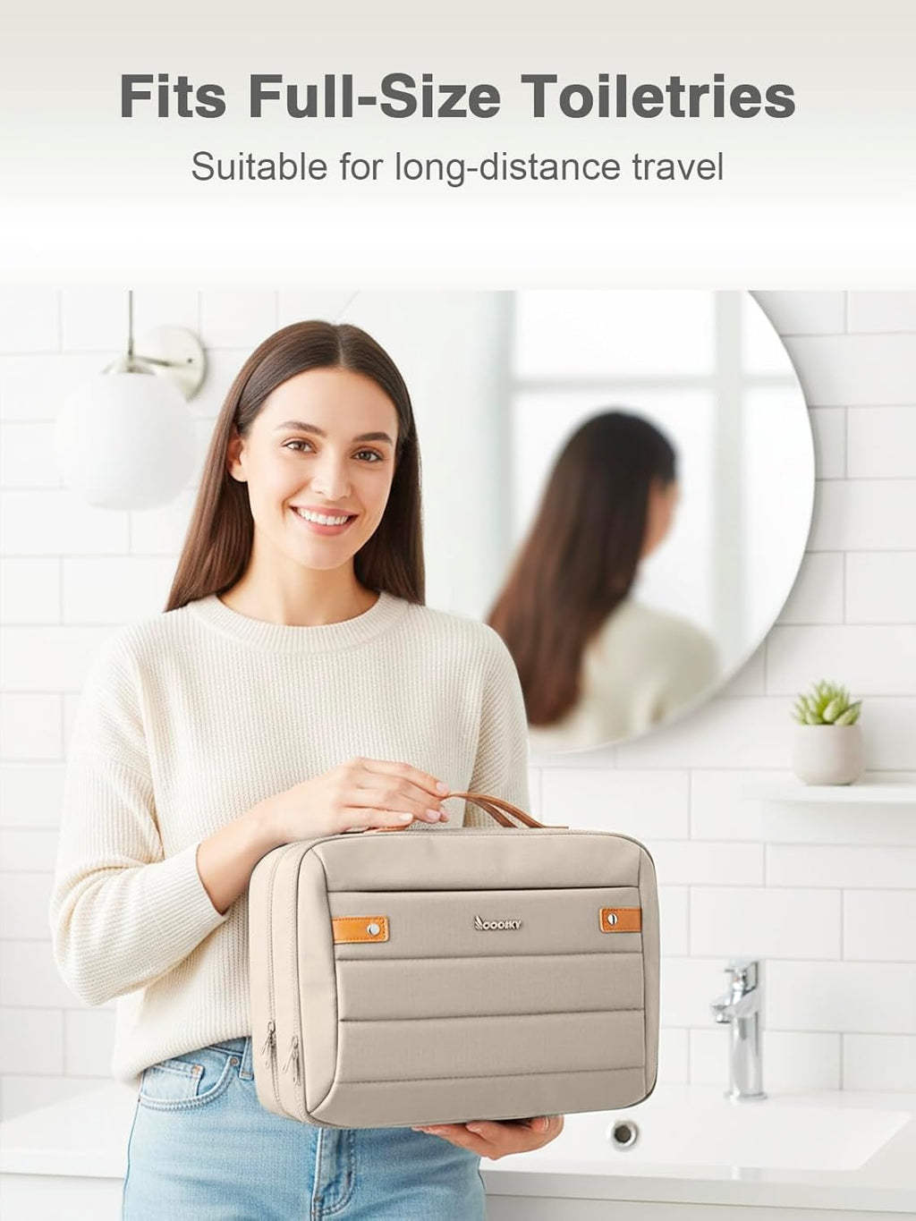 Women's Hanging Toiletry Bag, Waterproof Travel Cosmetic Organizer with Jewelry Storage, Large Capacity Makeup Case for Full-Size Skincare & Bathroom Essentials, Portable Cosmetic kit, Khaki