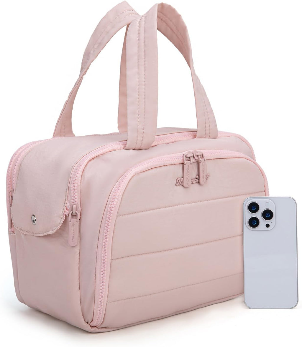 Montana West Travel Toiletry Bag Large Capacity Travel Bags Soft Pink Makeup Organizer Lightweight Puffy Cosmetic Bag with Waterproof Compartment