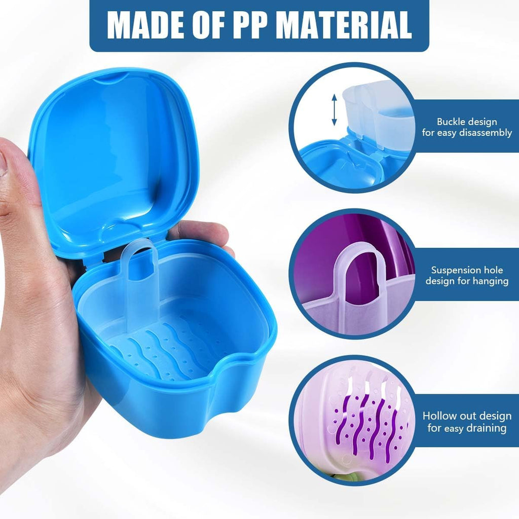 2 Pack Colors Denture Bath Case Cup Box Holder Storage Soak Container with Strainer Basket for Travel Cleaning (Light Blue and Purple)