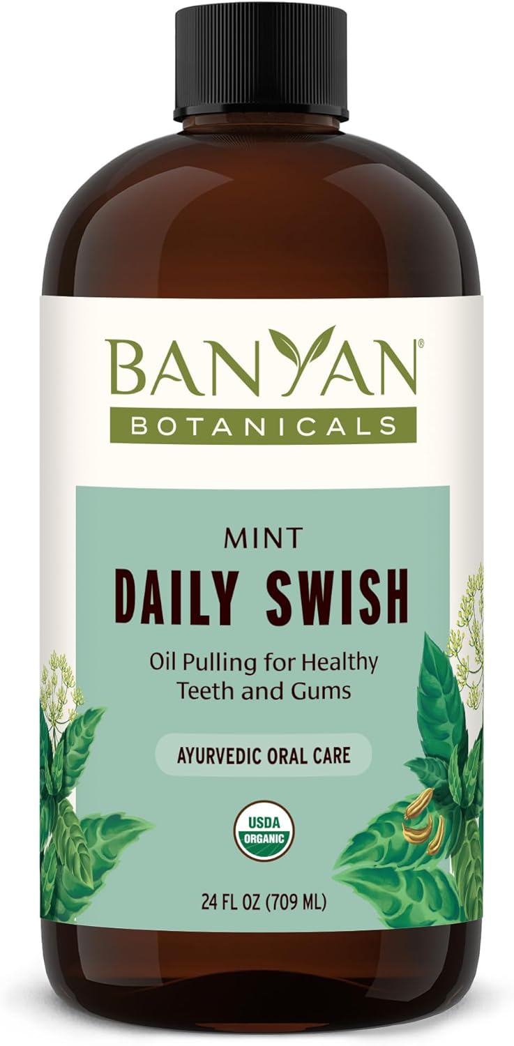 Banyan Botanicals Mint Daily Swish – Organic Ayurvedic Pulling Oil with Coconut Oil – Mouthwash for Fresh Breath and Sparkling Oral Health* – 24 oz – Non GMO Sustainably Sourced Vegan