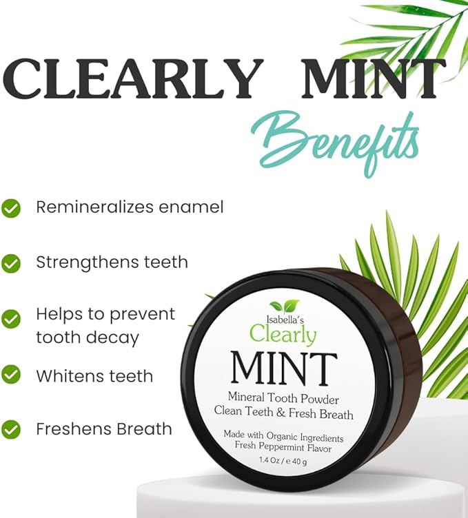 Isabella’s Clearly Mint Remineralizing Tooth Powder | Teeth Whitening Natural Fluoride Free Toothpaste for Adults, Kids, Sensitive Teeth and Gums | Xylitol, Baking Soda, Clay, Calcium (Mint Flavor)