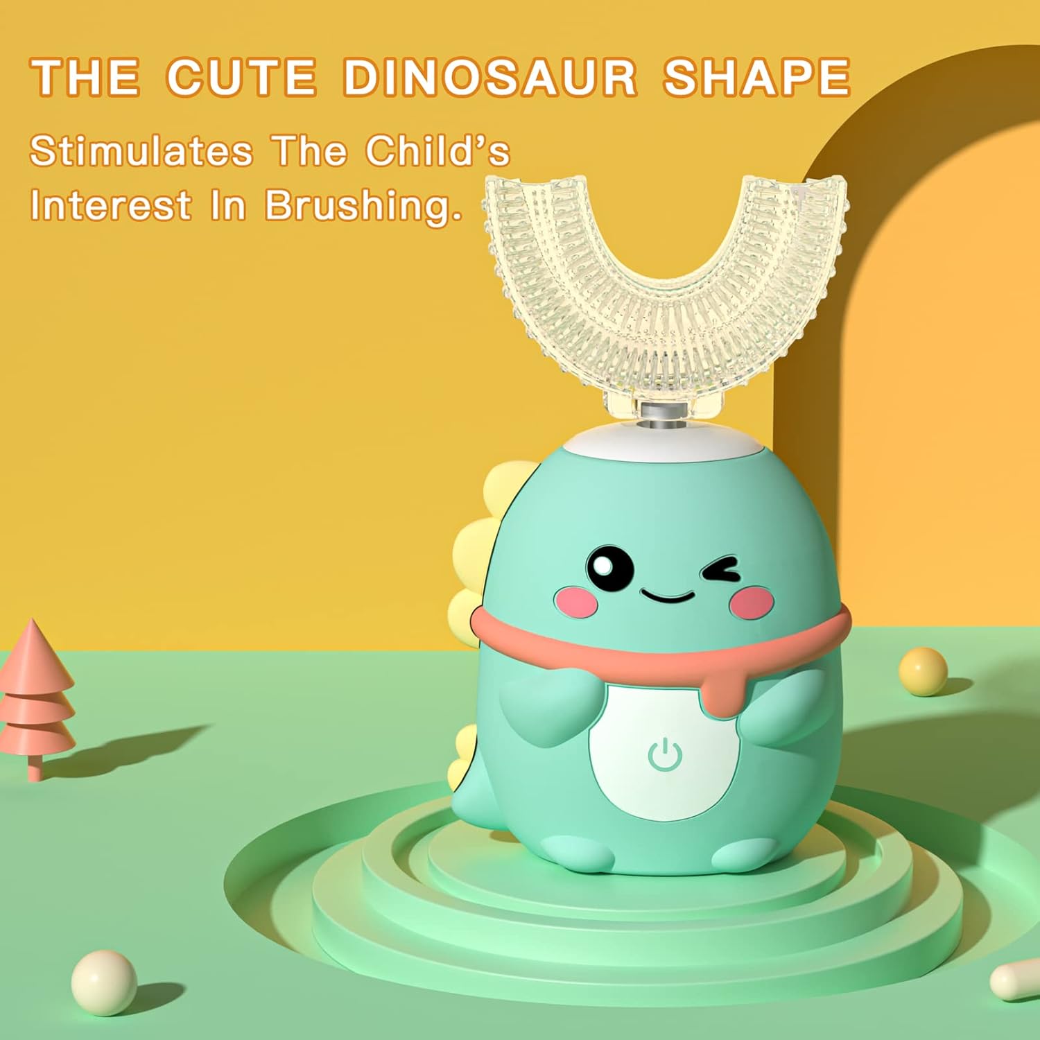 Kids Electric Toothbrush U Shaped Toddler Auto Sonic Toothbrushes with 5 Brush Head,Cartoon Dinosaur Ultrasonic Toothbrushes for Children 2-12 Years,360° Full Mouth Cleaning Automatic