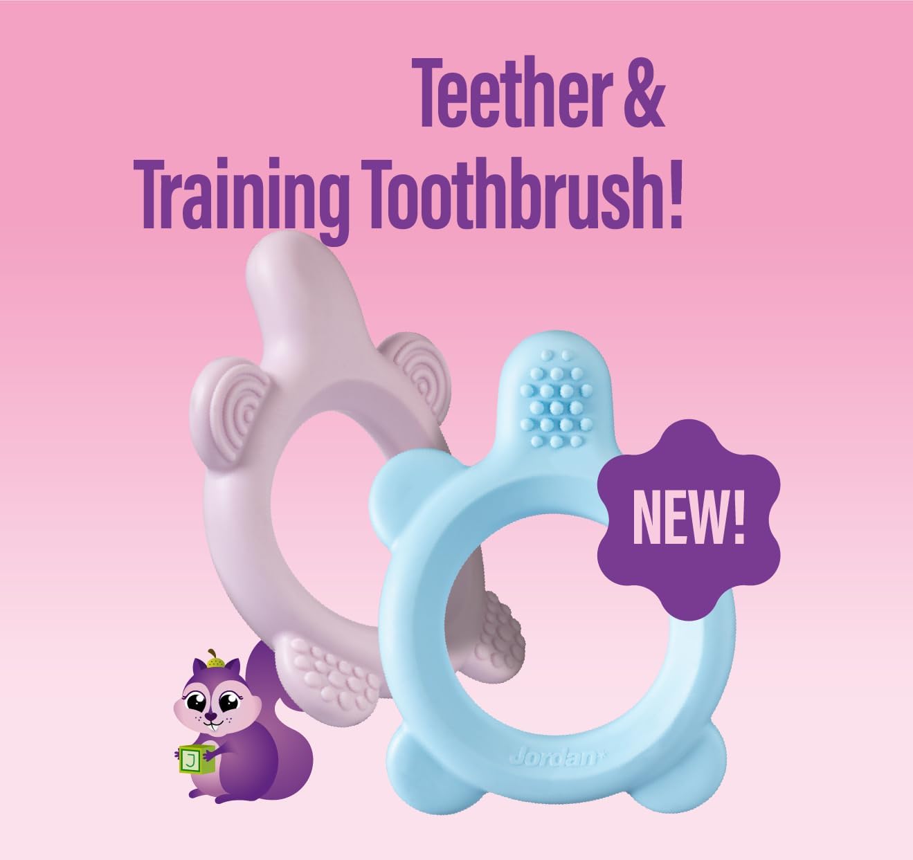 Jordan ® | Step 0 Teether & Training Toothbrush | BPA-Free, Hygienic, 2-in-1 Teething & Early Brushing Solution for Babies | Pink | 1 Teether + 2 Step 1 Baby Toothbrush