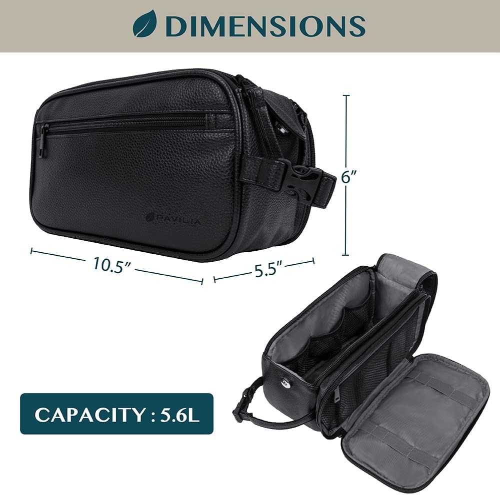 PAVILIA Toiletry Bag for Men, Travel Essentials Shaving Dopp Kit, Mens Travel Bag Toiletries Organizer Case for Grooming, PU Leather Water Resistant Cosmetic Bag Pouch (Black)
