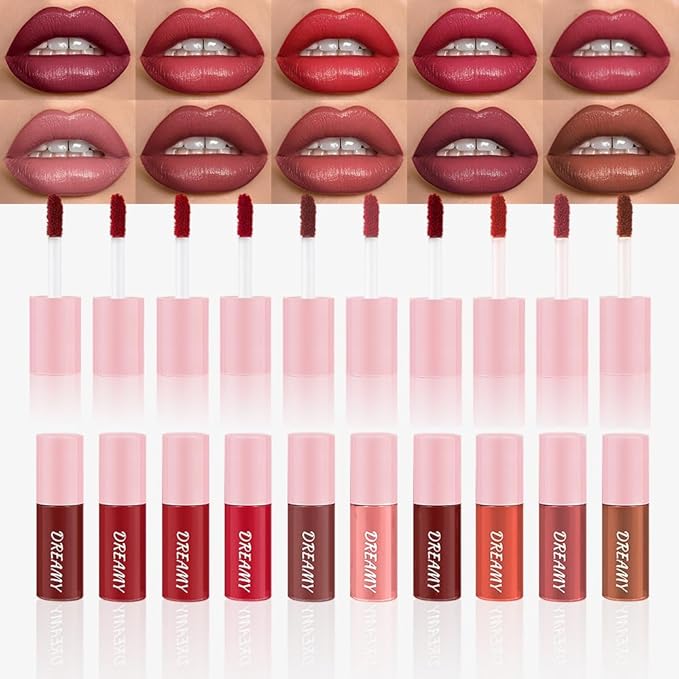 Matte Lip Stain – High Pigment Non-Transfer Matte Liquid Lipstick, Long-Lasting Waterproof Smudge-Proof Lip Color, Lightweight Comfortable Velvet Finish Lip Tint 01#（10PCS）