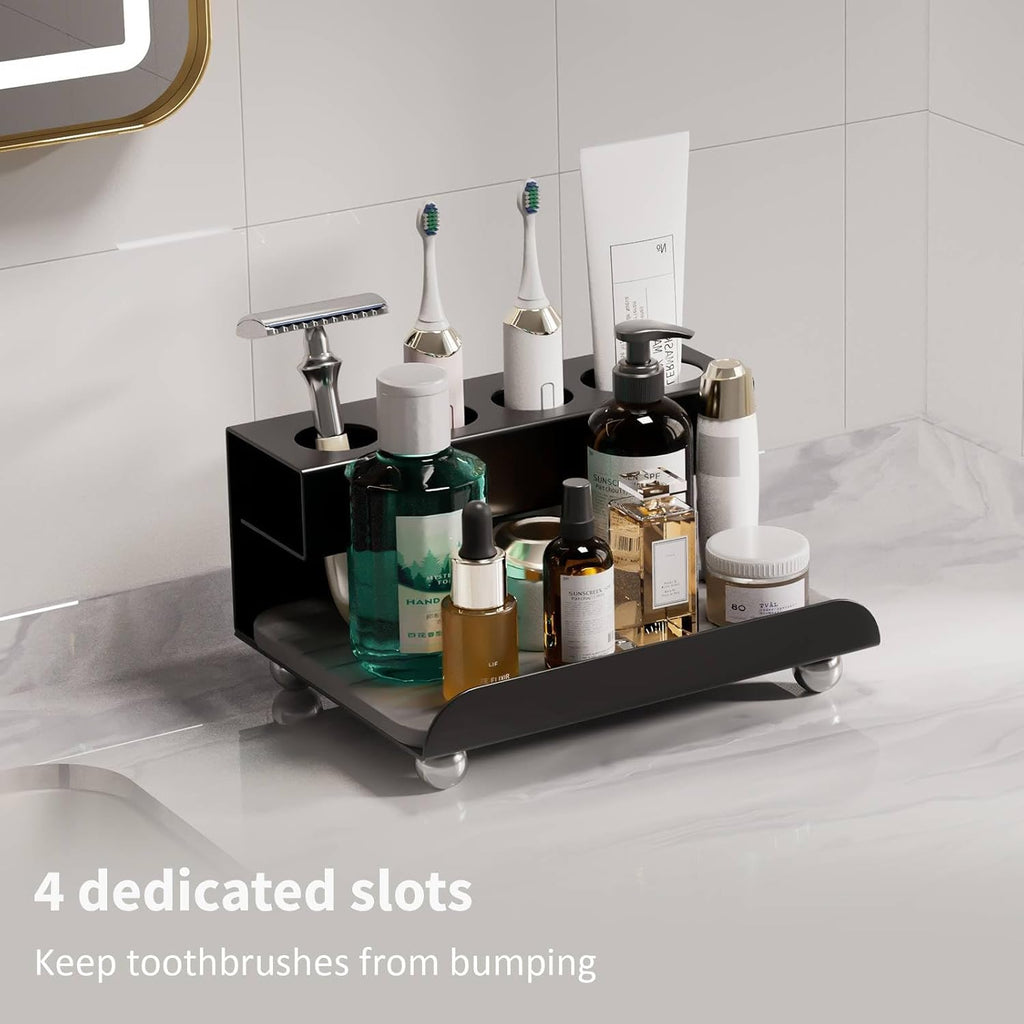 Quick Dry Electric Toothbrush Holder 4 Slots Metal Bathroom Counter Organizer for Toothpaste Razor Mouthwash, Black