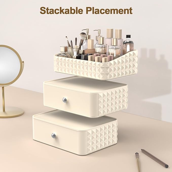 Makeup Organizer for Vanity, Stackable Cosmetics Organizer and Storage, Cosmetic Display Cases with 2 Drawers and 1 Tray for Makeup Brush, Hair Accessories, Lipstick and Jewelry, Beige