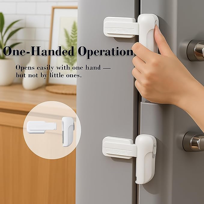 2 Pack Child Proof Fridge Lock, Baby Safety Refrigerator & Freezer Door Lock for Toddlers, Kids & Pets, One-Hand Operation, Strong Adhesive, No Tools or Drilling Needed, White