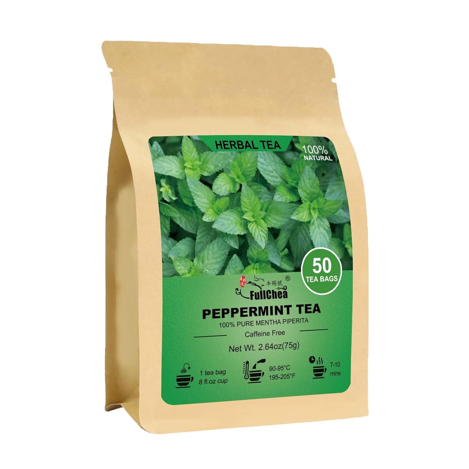 FullChea - Peppermint Tea Bags, 50 Teabags - Premium Peppermint Leaves - Refreshing & Minty - Non-GMO - Caffeine-free - Freshen Breath & Aid Digestion