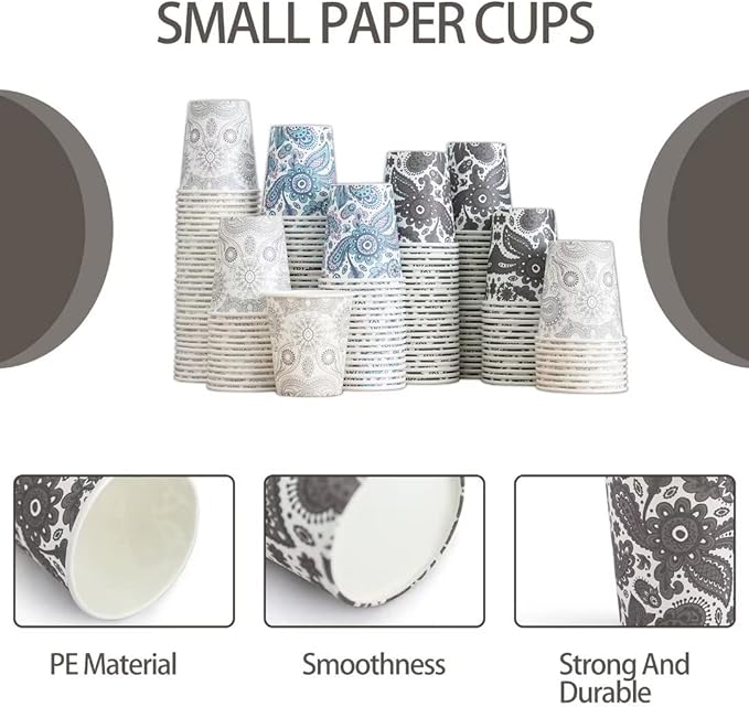 [300 Pack] 5 oz Mini Paper Cups, Small Mouthwash 5 OZ, Disposable Bathroom Cups, Paper Coffee Cups 5 Ounce for Bathroom, Supermarket, Birthday Party, Travel, Events, Picnic, BBQ (Paisley)
