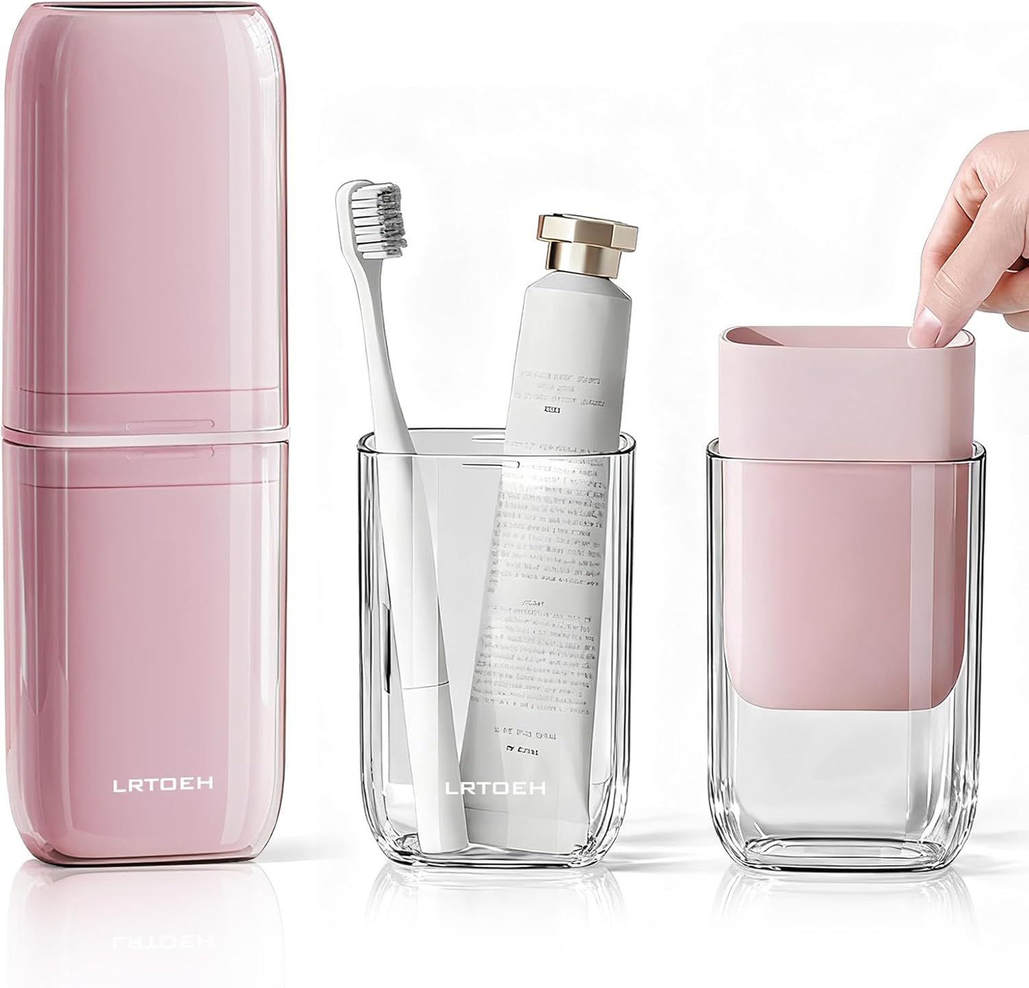 Toothbrush Cup Travel Case, Portable Toothbrush Travel Container Separates into 4 Cups, Tooth Brush Holders with Cover, Toothpaste Storage for Camping, Business Trip, School (Pink)