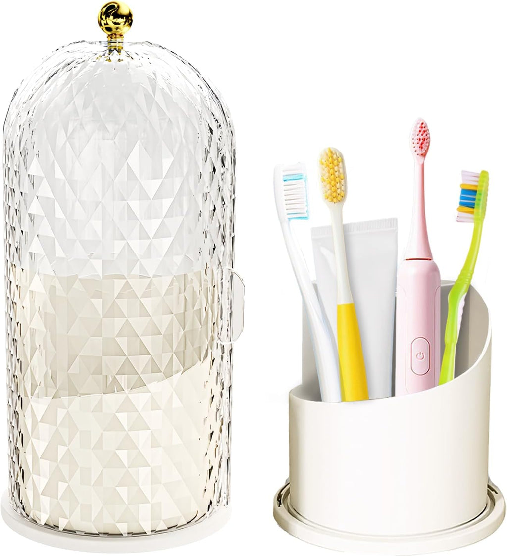 Multifunctional Rotating Toothbrush Holders with Sliding Lid, The 3-Slot Bathroom Countertop Vanity Organizer Perfect for Tooth Brush, Toothpaste, and Makeup Brushes Holder Storage (White)