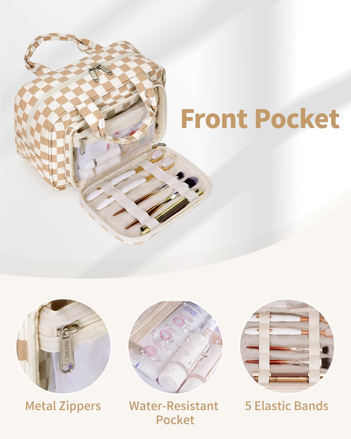 Narwey Large Travel Toiletry Bag for Traveling Women, Cosmetic Makeup Bag Make Up Organizer, Checkered Travel Bag for Toiletries with Handle (Light Checkerboard)