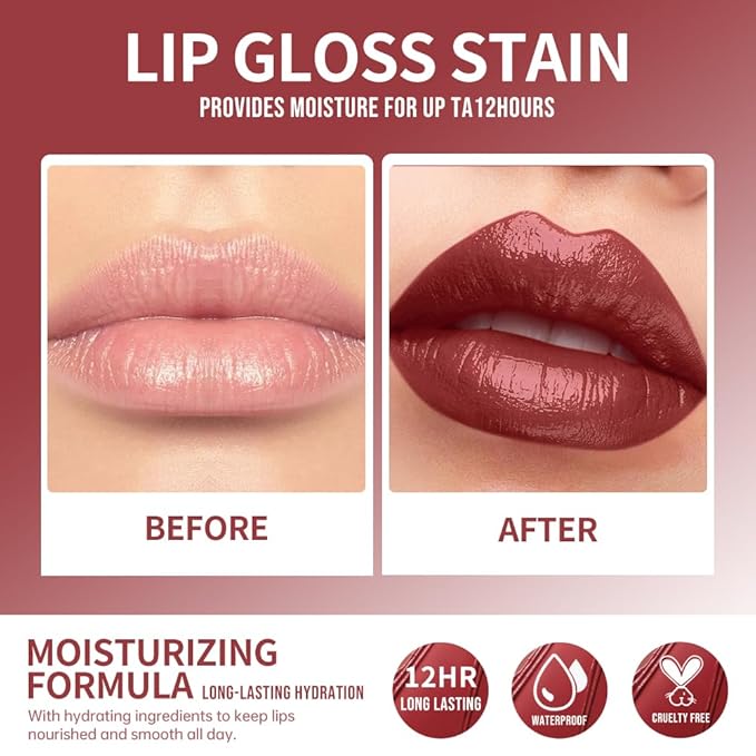 Lip Stain Hydrating High Shine – Lightweight Non-Sticky Glossy Lip Tint, Mirror Shine Moisturizing Lip Makeup for Plump & Full Lips, Long-Lasting Rich Color Lip Glaze, Soft Smooth Lip Gloss 12#