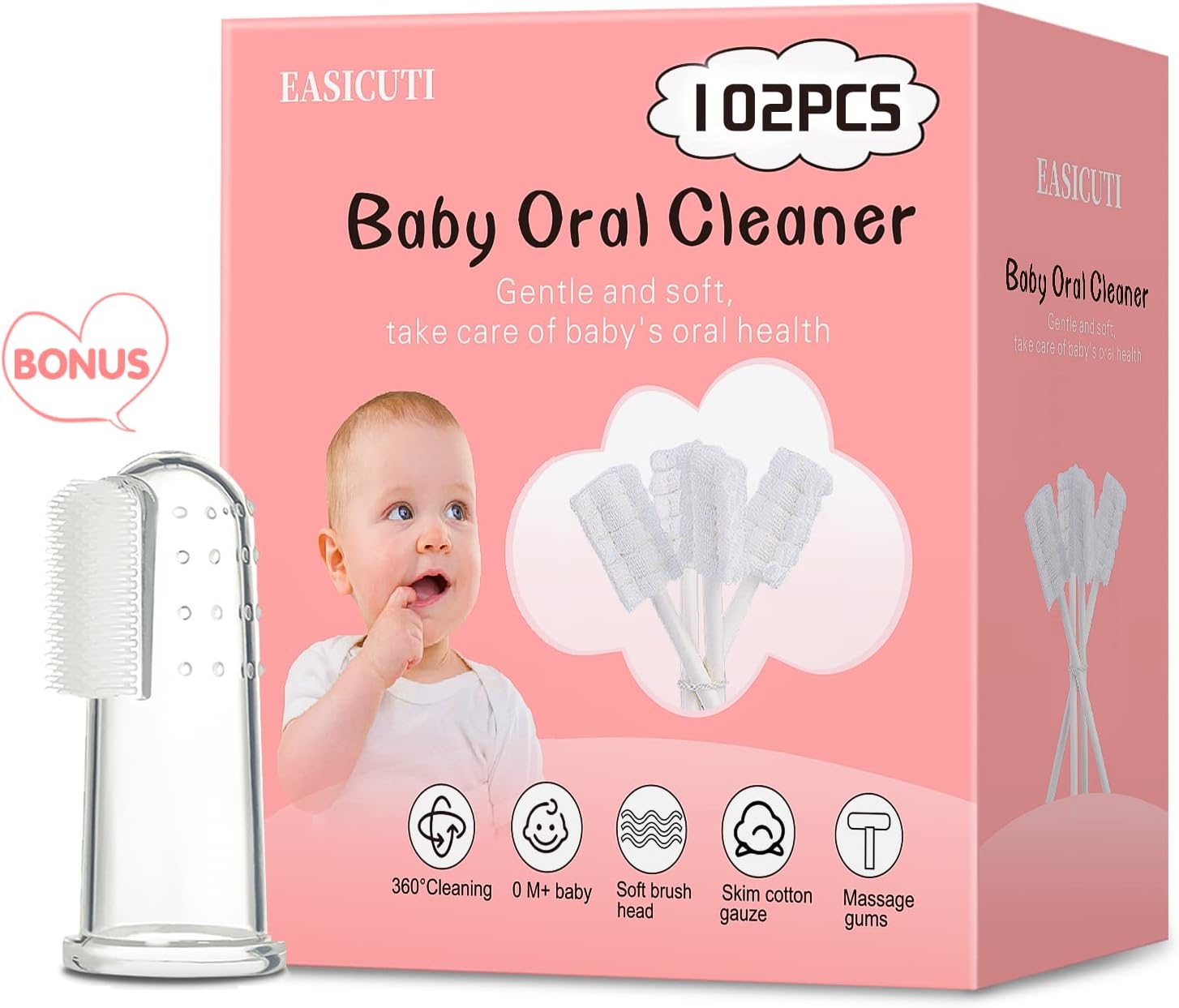 102PCS Baby Tongue Cleaner, Newborn Baby Oral Cleaner, Disposable Infant Gum Cleaner, Gauze Dental Care for 0-36 Months + 1 Finger Toothbrush with Case