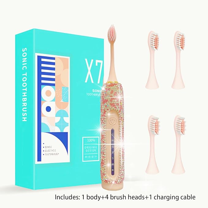 Electric Toothbrush for Girl Pink Toothbrush Bling Diamond Decor Portable Travel Essentials for Women Pink Toothbrush with 3 Replacement Heads 6 Modes