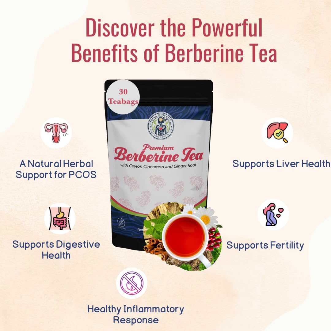 Organic Berberine Tea – Herbal Tea Promotes Health with Ceylon Cinnamon, Mint & Chamomile – 30 Tea Bags