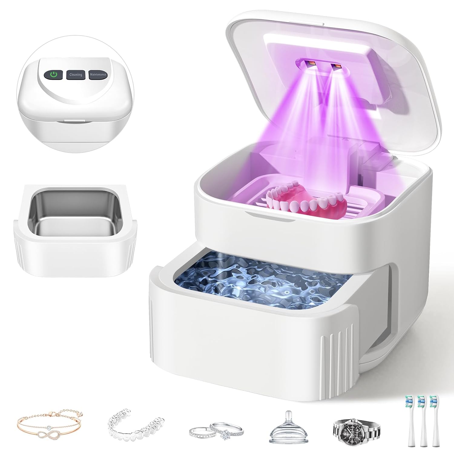 Ultrasonic Retainer Cleaner Machine 45kHz Dental Ultrasonic Retainer Cleaner for Dentures & Mouth Guard Cleaning for Whitening Trays, Toothbrush Heads, Diamond, Jewelry