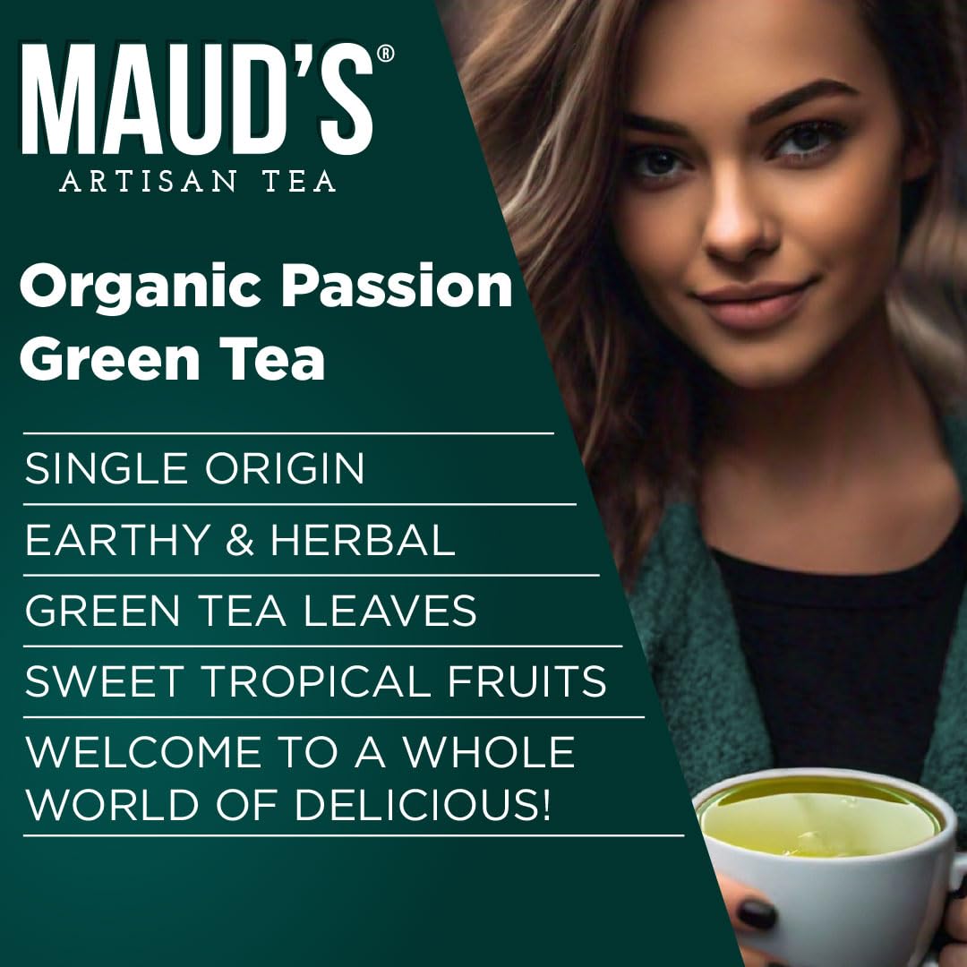 Maud's Organic Passion Green Tea Pods, 100 ct, Recyclable Single Serve Tea Pods – 100% Gourmet Blended Tea Leaves, Compatible with Keurig K Cups Maker