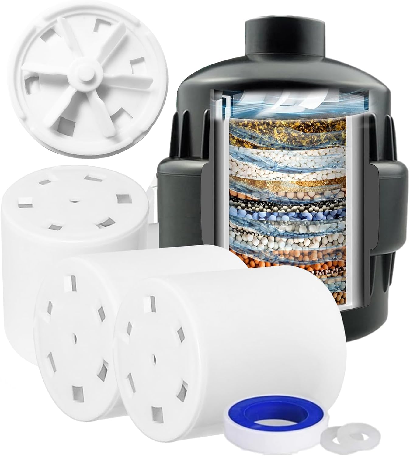 20 Stage Shower Filter with Spin Propeller 3 Cartridge, Reduce Well Hard Water Chlorine Heavy Metal & Impurity, Improve Skin Hair, Fit Most Handheld Shower head Fixed Rainfall, (Black)