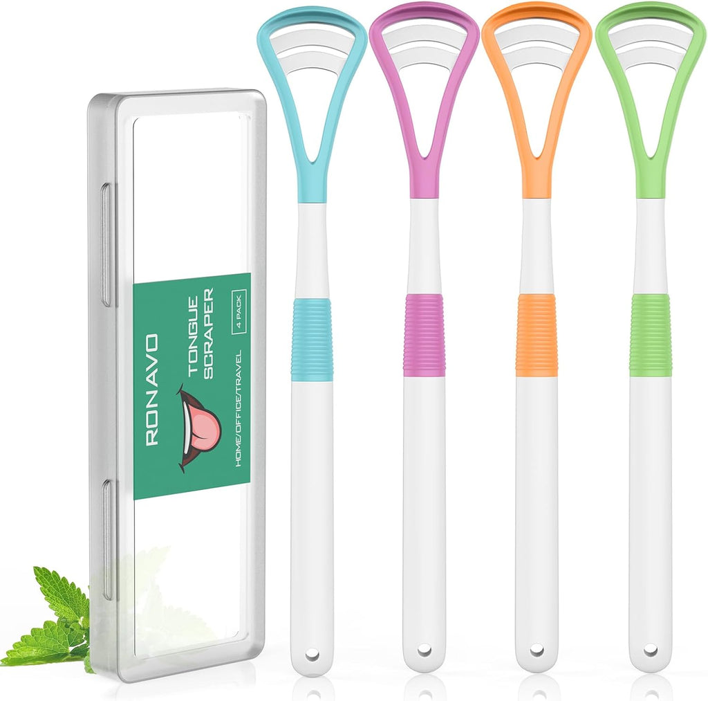 RONAVO Tongue Scraper, Disposable Tongue Cleaner, 2 in 1 BPA Free Tongue Brush, Brushing and Scraping for Oral Care Hygienic, with Travel Case, Fight Bad Breath, 4 Pack