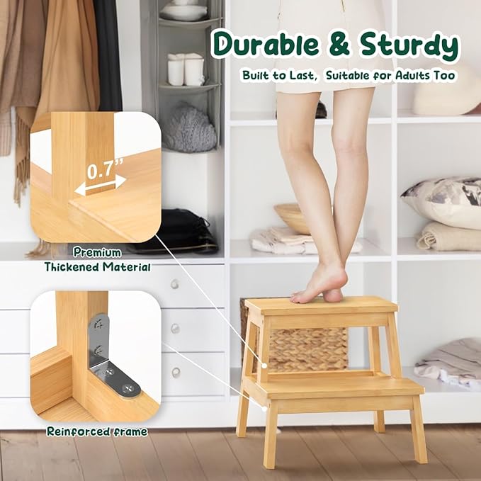 Bamboo 2 Step Stool for Kids & Adults, Wooden Kids Step Stool for Bathroom & Kitchen, Bed Steps for High Beds, Portable with Handle, Non-Slip & 350 Ibs Capacity
