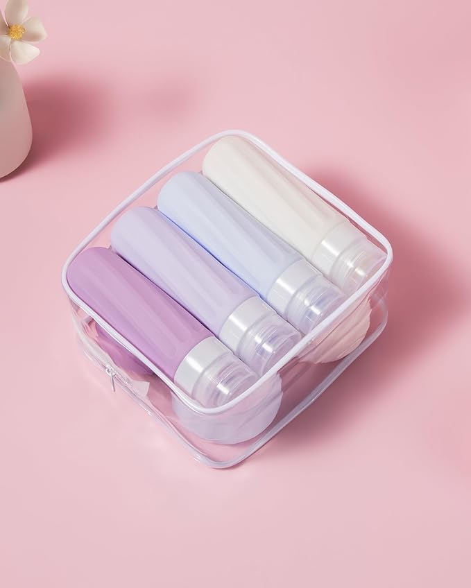 Travel Size Toiletries 8 Pack, TSA Approved 3oz Silicone Squeeze Bottles & Cream Jars with Clear Travel Bag