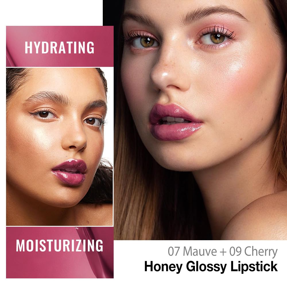 Kaely 2Pcs Honey Lipstick Tinted Lip Balm, Hydrating Shine Lipstick for Women Dry Lips, Moisturizing Nourishing Glossy Lip Gloss Stain Makeup, Sheer Lightweight, Vegan, 07 Mauve+09 Cherry
