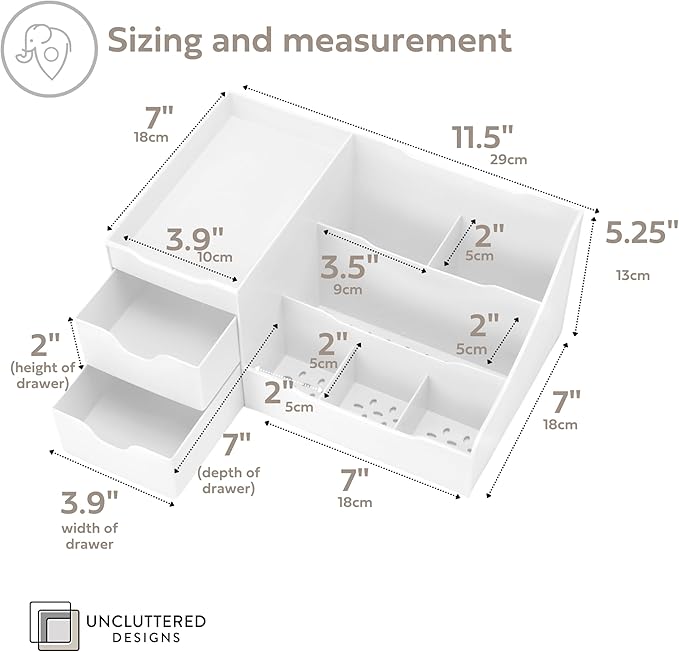 Uncluttered Designs Large Makeup Organizer for Vanity - Countertop Desk With Drawers for Cosmetic, Beauty, Hair, Nail, Perfume & Skincare - Perfect for Bathroom & Bedroom Storage (White)