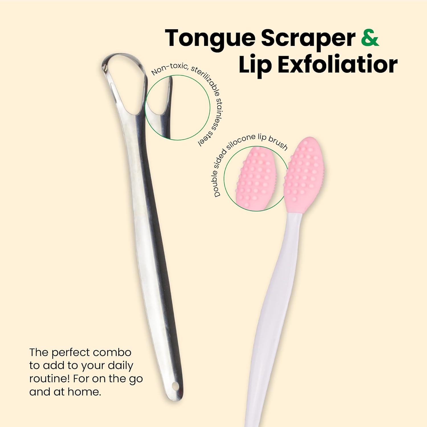 Lindo Oral Care Duo Tongue Scraper and Lip Exfoliator for Adults (2 Pack), Reduce Bad Breath, Stainless Steel Tongue Scraper, Metal Tongue Cleaner, Tongue Scrubber, Softer Lips, Silicone Lip Brush