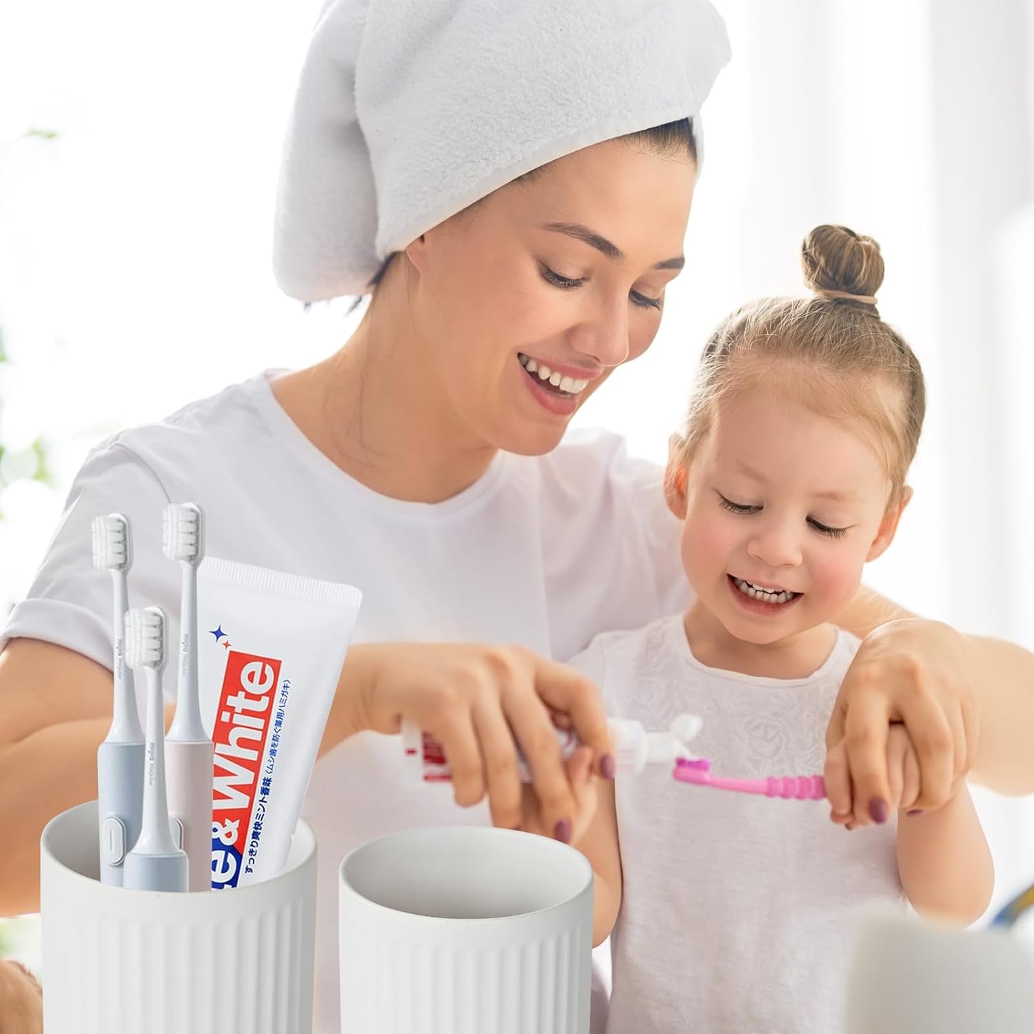 White Toothbrush Holders for Bathrooms - 2 Cups Ceramic Toothbrush Toothpaste Holders Set, White Bathroom Tumbler Cups Reusable Toothbrush Mouthwash Cup, Bathroom Counter Organizer.