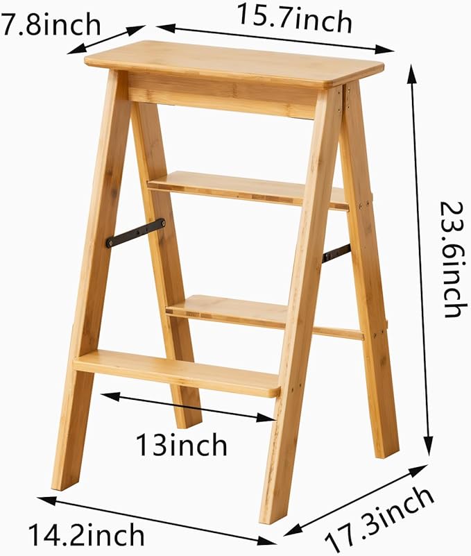 Latifolia Foldable 3 Step Ladder, Bamboo Step Stool with Floor Saver, Decorative Ladder Shelf for Living Room, Kitchen, Garden(Nature)