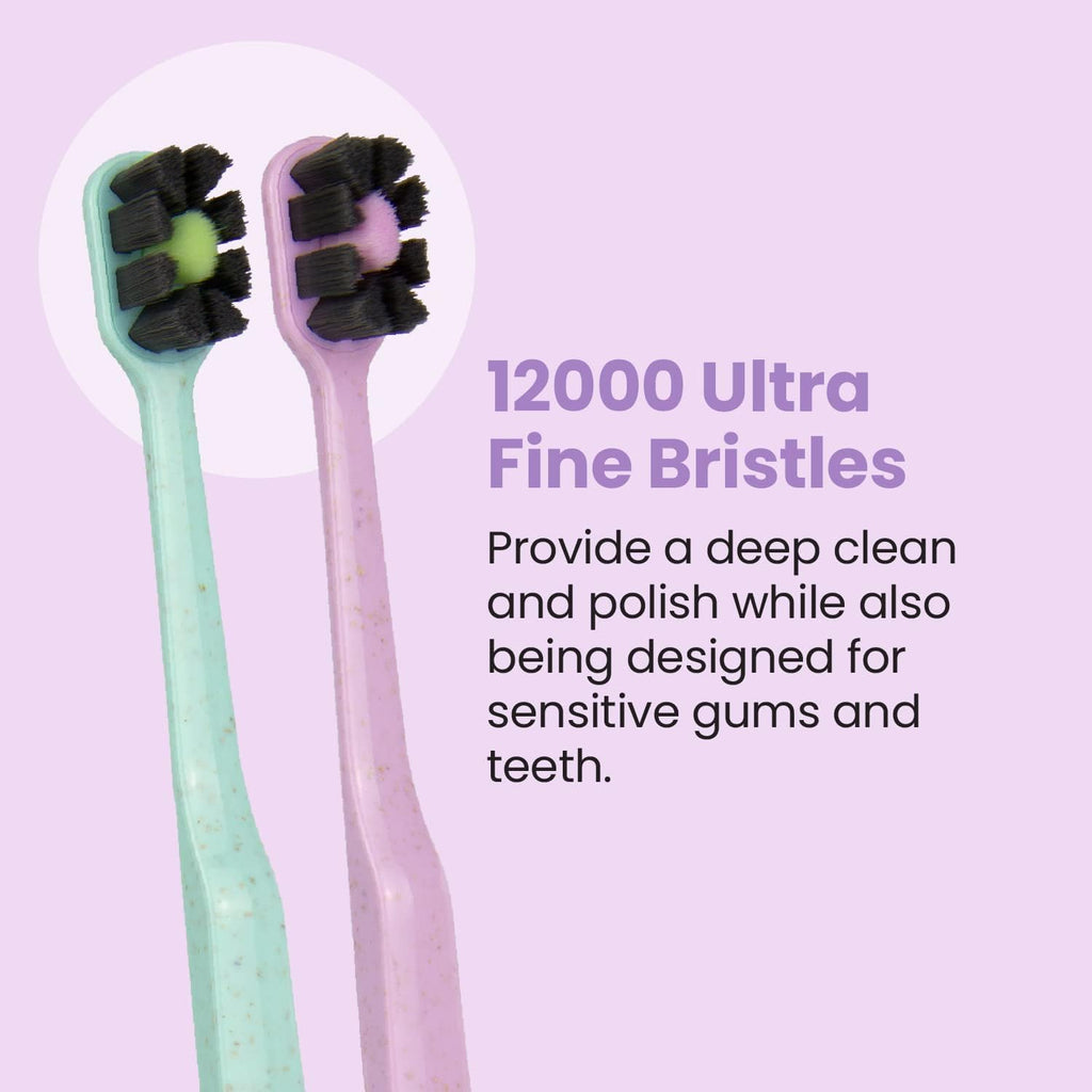 Lindo EcoCare Polishing Toothbrush - Charcoal Infused Bristles & Biodegradable Handle, for Sensitive Gums and Teeth, 12000+ Ultra Fine Charcoal Infused Bristles, Soft and Gentle, Pack of 4 (Pink)
