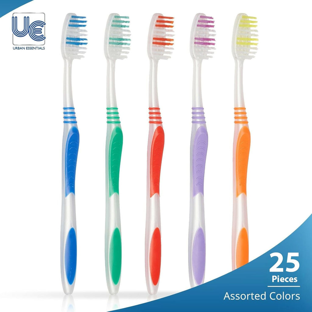 Urban Essentials Bulk Toothbrush Package with Covers | Premium Quality Individually Wrapped Colorful Tooth Brushes | Medium Soft Toothbrush Hygienic Cap for Donations, Travel, Hotels (25 Pack)