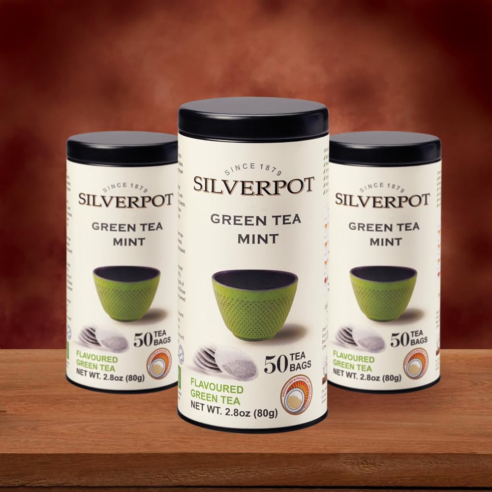 Silverpot Green Tea & Mint - 50 Round Tea Bags | 100% Natural, Peppermint | Caffeinated | Antioxidant Rich | Reusable Tin