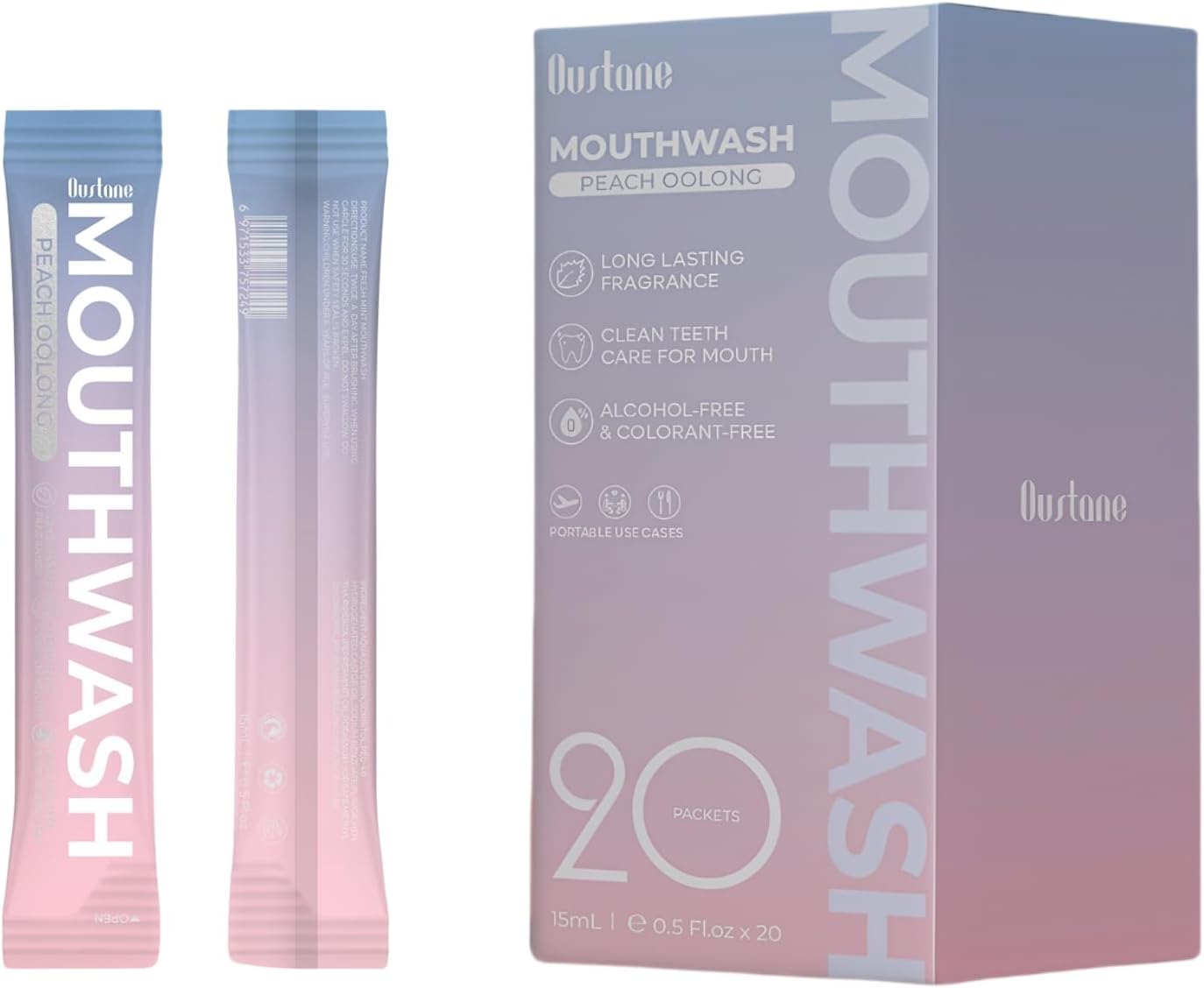Protable Mouthwash Packets for Travel, Peach Oolong-Tea Flavor, Alcohol-Free, Non-Burning, 15ml/pcs 20 Single Use, TSA Approved for On-The-Go Fresh Breath, Perfect for Work, Gym& Date
