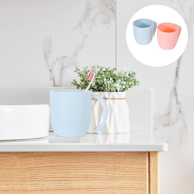 2Pcs Kids Bathroom Plastic Cups with Handles Reusable Mouthwash Tumblers for Toothbrush Holder and Drinking Use 4.5 Inch Pp Material