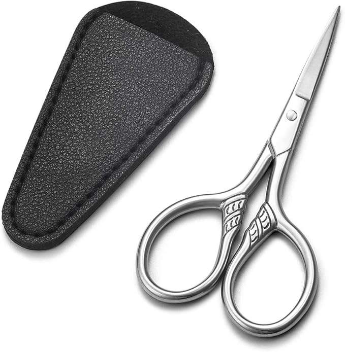 Small Precision Scissors, 3.5inch Stainless Steel Multi-Purpose Vintage Beauty Grooming Kit for Facial Hair, Eyebrow, Eyelash, Beard, Moustache with PU Sheath